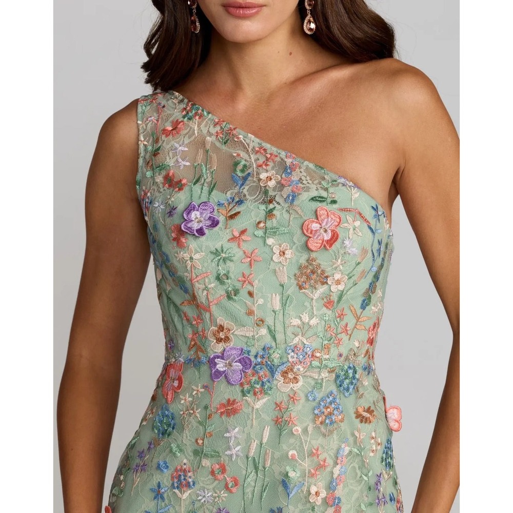 Mac Duggal One-Shoulder Floral Gown in Mint with Pink & Purple Accents - Picture 9 of 15